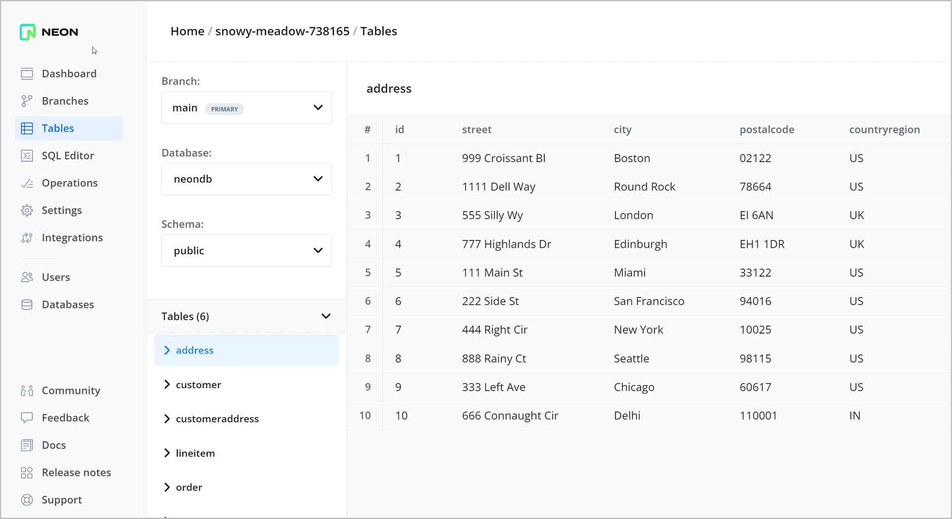 Neon database seeded with data